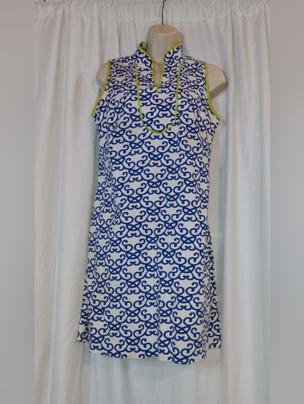 Vince Camuto Blue & White Printed Sleeveless Mini Dress with Lime Trim
